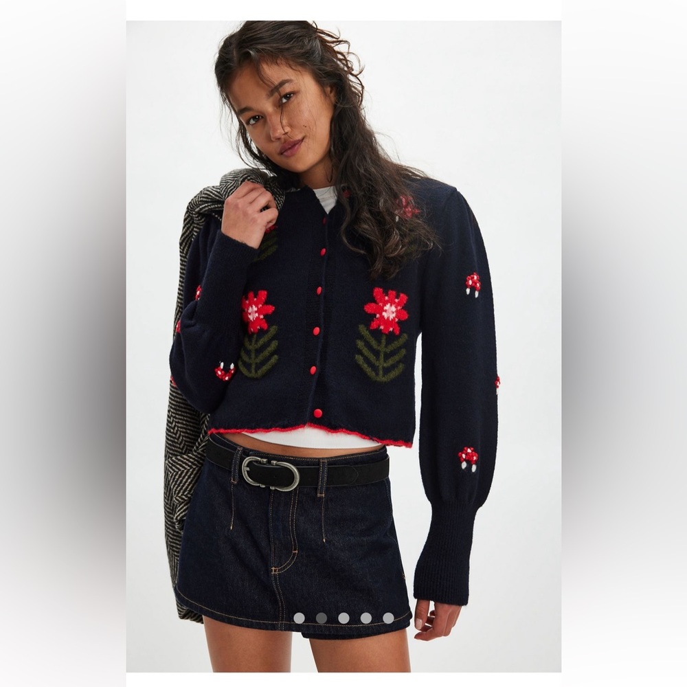 Free People Floral Knit Cardigan Red Accents Size Small